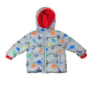 Swiss Tech Dinosaur Puffer Coat Gray Red Colorful Warm Winter Hooded Jacket 2T